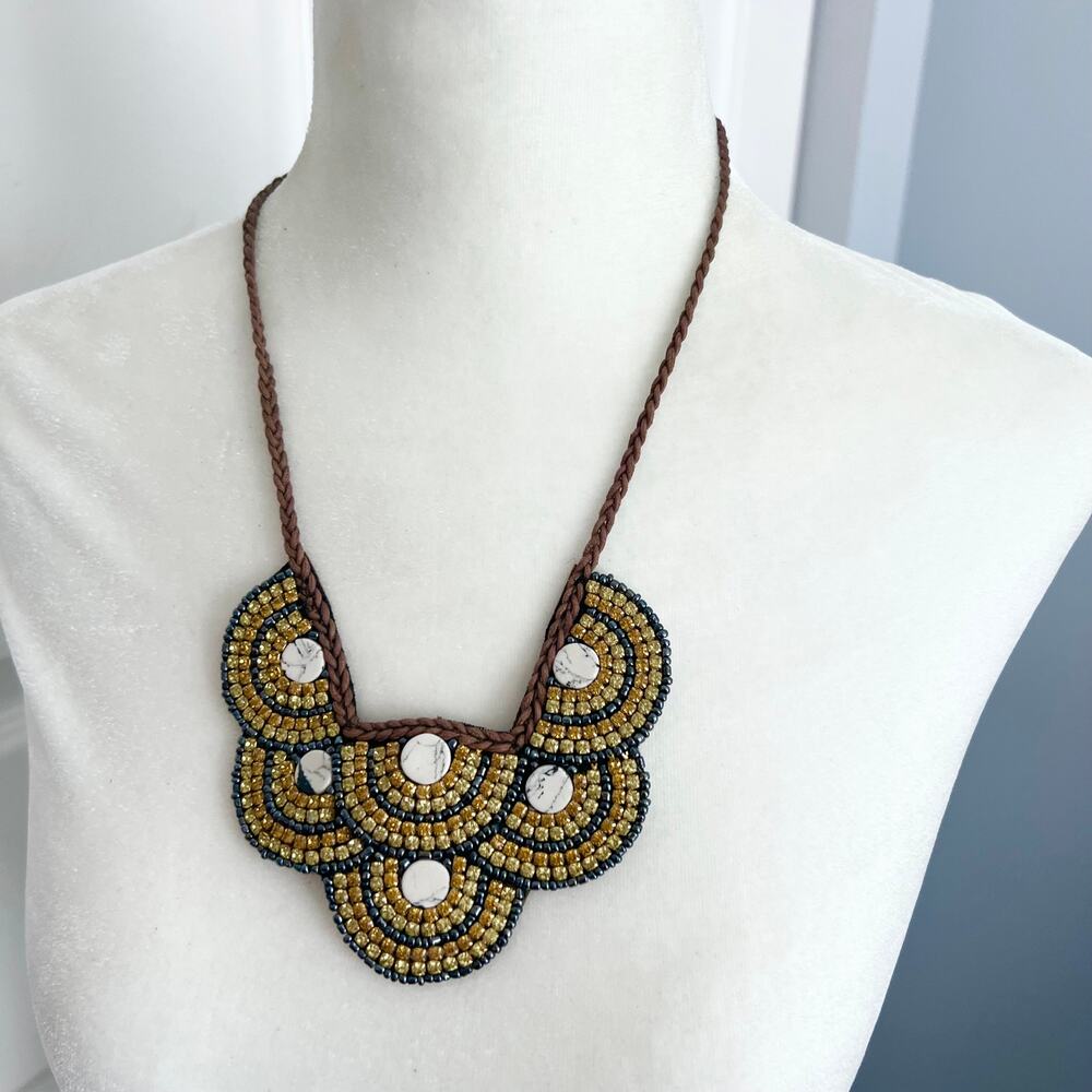 Brown and Orange Rhinestone Studded Bohemian BIb Necklace
